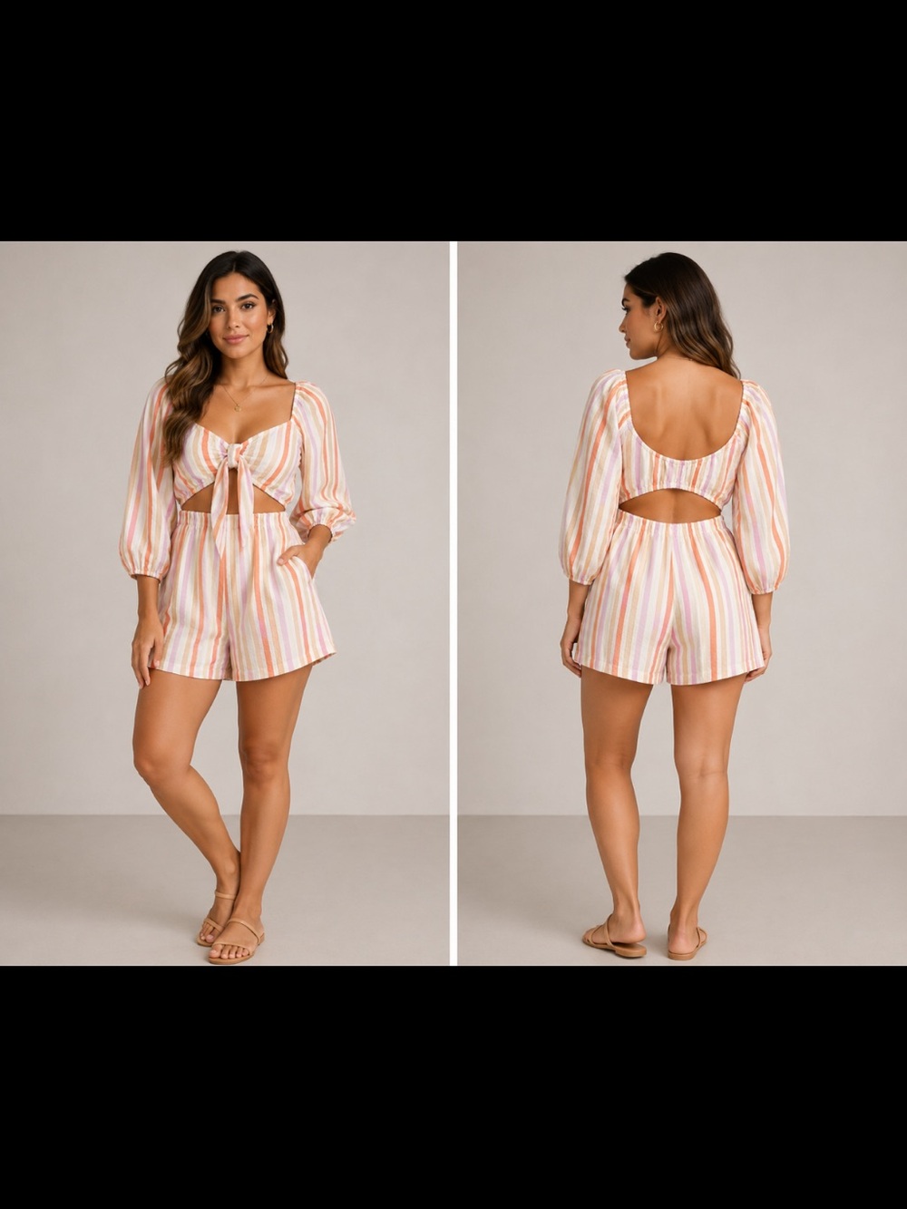 Forever 21 Pastel Striped Tie-Front Romper - Pink, Yellow & Cream